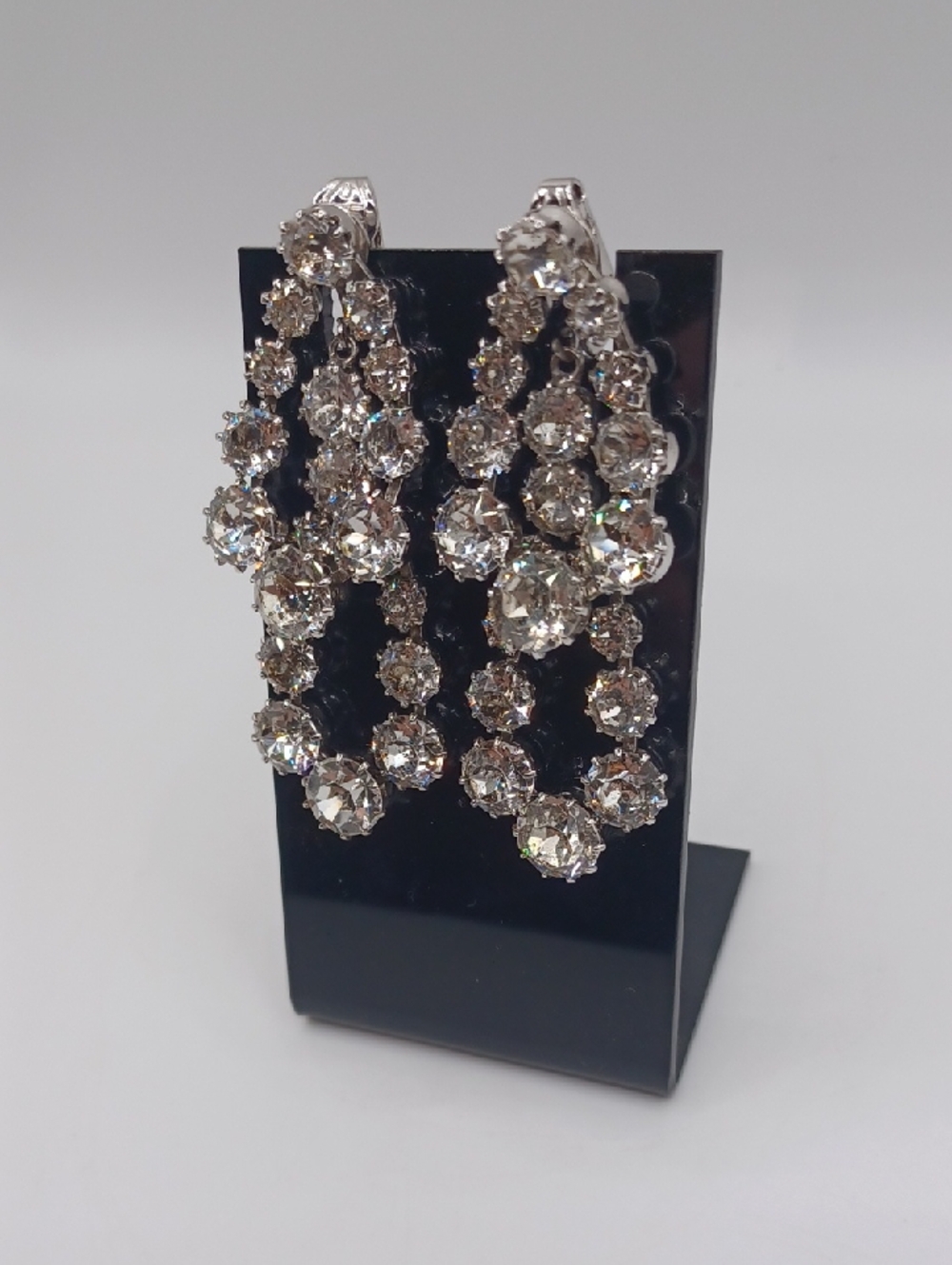 Vogue Clear Rhinestone Double Drop Clip On Earrings - Picture 4 of 8